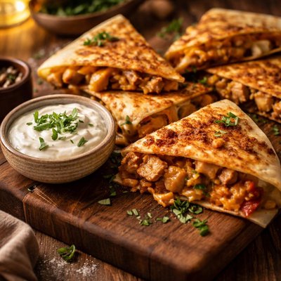 Image of Cumin Crusted Chicken Cheddar Quesadillas W Basil Sour Cream