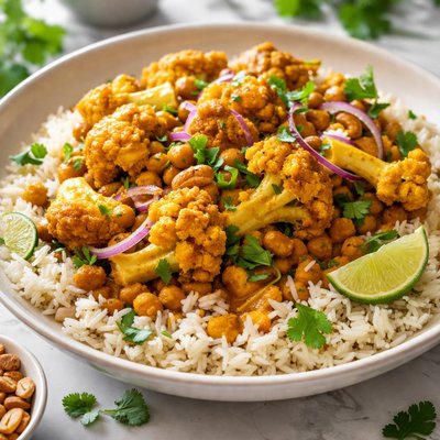 Image of Curried Cauliflower Over Fragrant East Indian Basmati Rice