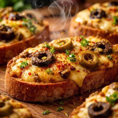 Image of Curried Cheese and Olive Toasts