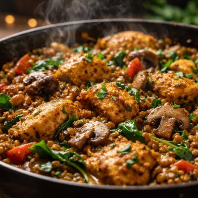 Image of Curried Chicken Lentil Mushroom Skillet