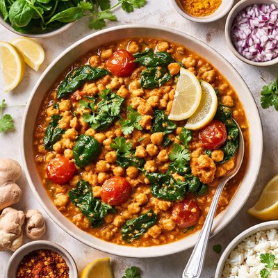 Image of Curried Chickpeas with Spinach and Tomatoes