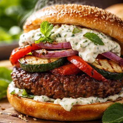 Image of Curried Lamb Burgers with Grilled Vegetables and Mint Raita