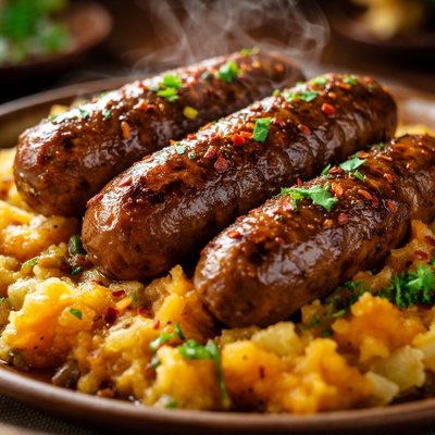 Image of Curried Lamb Sausages with Potato Pumpkin Mash