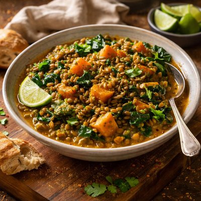 Image of Curried Lentils with Sweet Potatoes and Swiss Chard