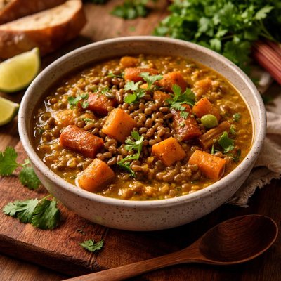 Image of Curried Mung Beans with Rhubarb and Yams