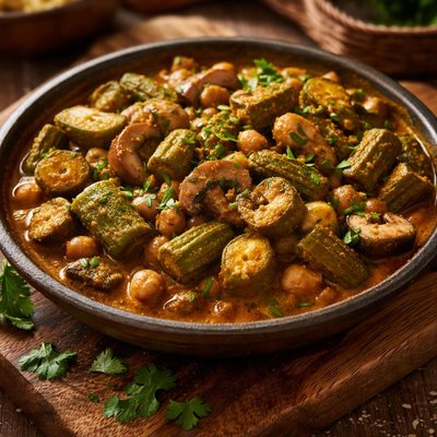 Image of Curried Okra Mushrooms and Garbanzo Beans