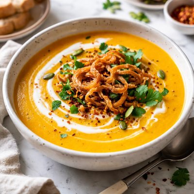 Image of Curried Pumpkin Soup with Crisp Onion Oamc