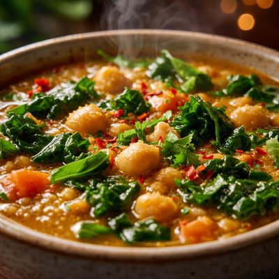 Image of Curried Red Lentil Chickpea and Kale Soup