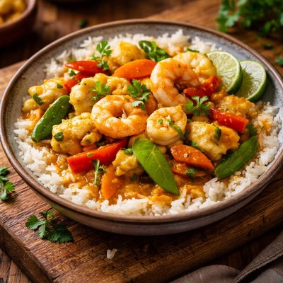 Image of Curried Seafood and Vegetables Over Rice