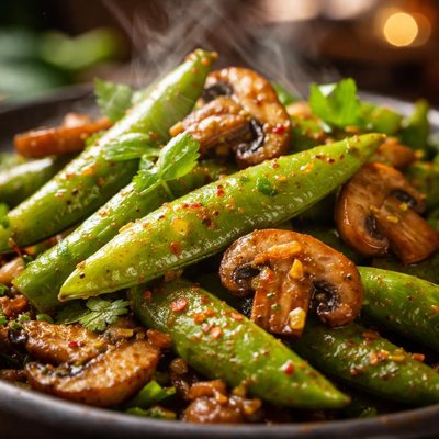 Image of Curried Snap Peas and Mushrooms