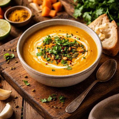 Image of Curried Sweet Potato Kumara Coriander Soup