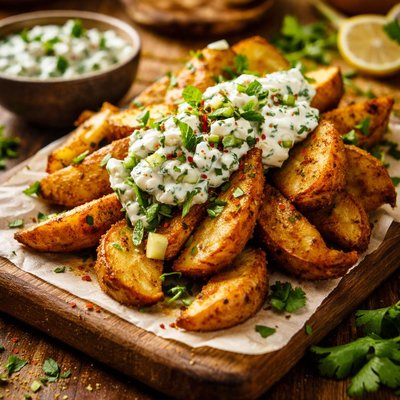 Image of Curried Wedges with Minted Yoghurt Cucumber Topping