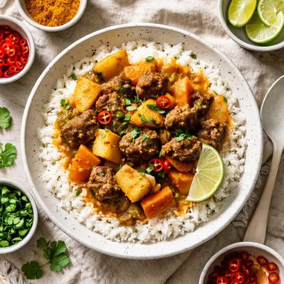 Image of Curry Beef Stew Served Over Steamed Rice