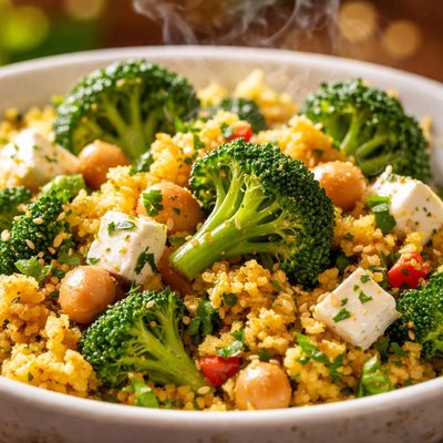 Image of Curry Couscous and Broccoli Feta Salad with Garbanzo Beans