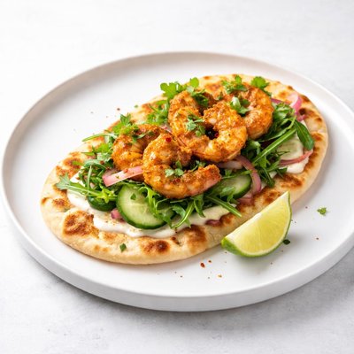 Image of Curry Naan Open Faced Grilled Shrimp Sandwich