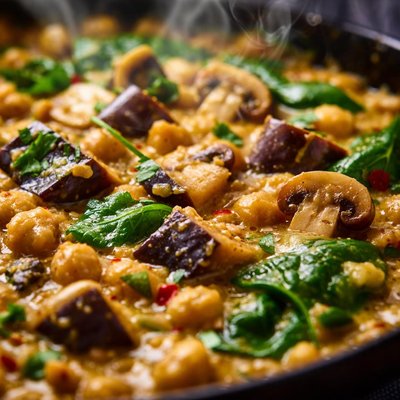 Image of Curry with Aubergine Mushrooms Chickpeas and Spinach