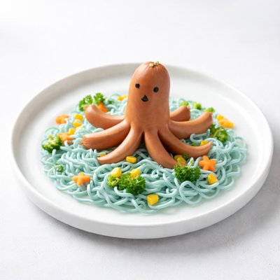 Image of Cute Hot Dog on Noodles for Kids Octopus on the Sea