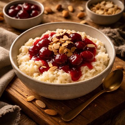 Image of Danish Christmas Rice Pudding with Almonds and Warm Cherry Sauce