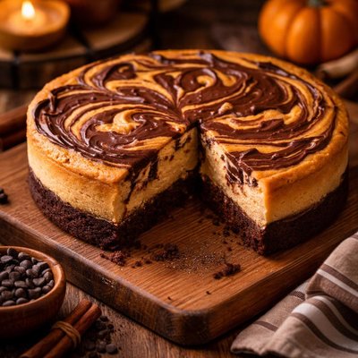 Image of Dark Chocolate Marbled Pumpkin Cheesecake on a Brownie Crust