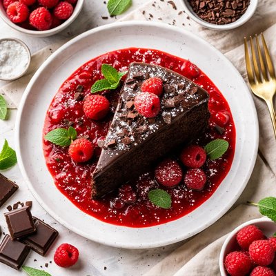 Image of Decadent Chocolate Cake on a Bed of Raspberry Sauce