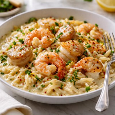 Image of Decadently Creamy Shrimp and Scallop Scampi with Orzo
