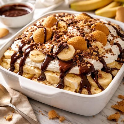 Image of Deep Dish Banana Pudding with Chocolate Sauce