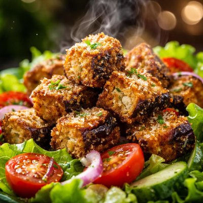 Image of Deep Fried Eggplant Croutons with a Salad