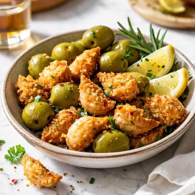 Image of Deep Fried Garlic Cloves and Green Olives