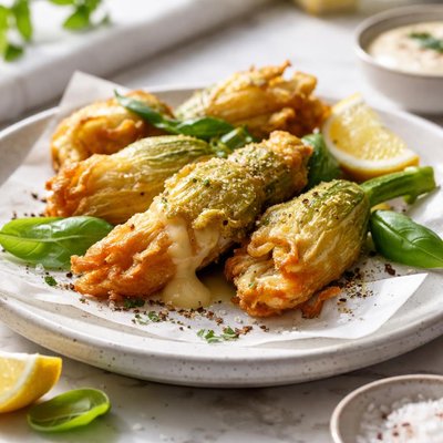 Image of Deep Fried Zucchini Flowers Stuffed with Taleggio and Basil