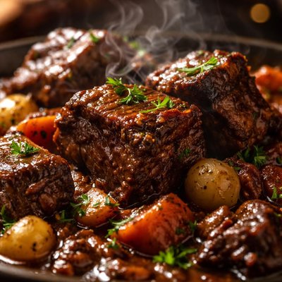 Image of Delicious Braised Short Ribs with Red Wine Gravy and Vegetables