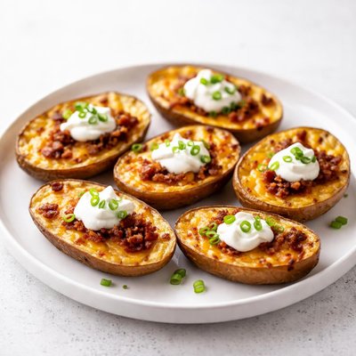 Image of Delicious Cheesy Bacon and Green Onion Potato Skins
