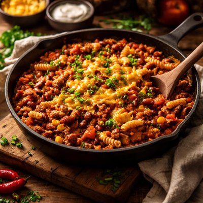 Image of Delicious Chili and Pasta Skillet