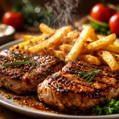 Image of Delicious French Fries and Pork Chops or Chicken Bake