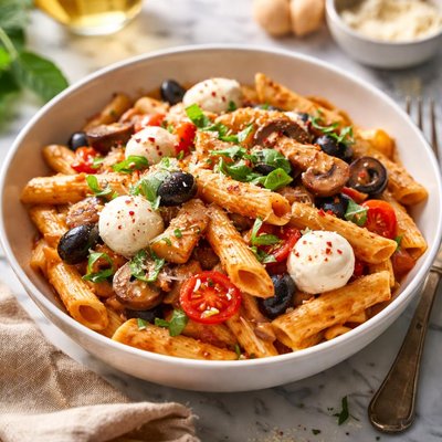 Image of Delicious Penne Vodka with Fresh Mushrooms Mozzarella Olives