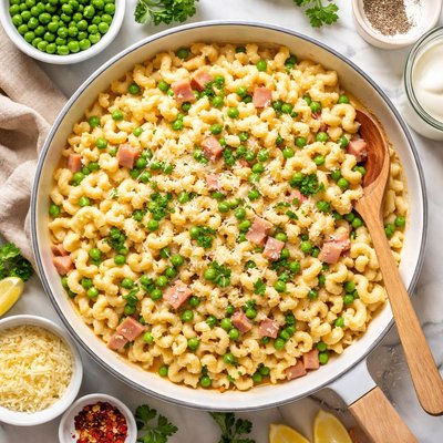 Image of Deluxe Mac Cheese with Ham and Peas