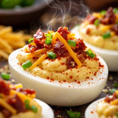Image of Deviled Eggs with Bacon and Cheddar Cheese