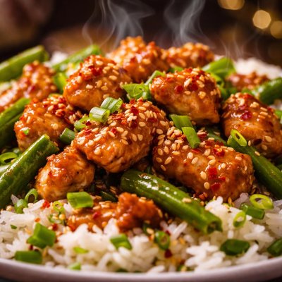 Image of Devilish Sesame Chicken with Green Beans and Scallion Rice