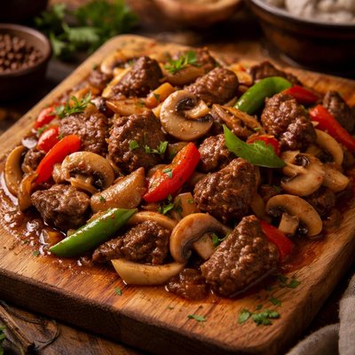 Image of Dhingri Gosht Beef with Bell Peppers Onions and Mushrooms