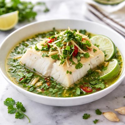Image of Diabetic Low Fat Halibut Poached with Ginger and Cilantro