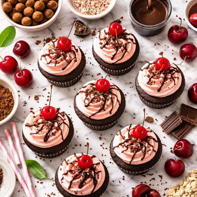 Image of Double Chocolate Malt Shop Cupcakes W Cherry Vanilla Buttercream