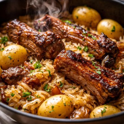 Image of Dutch Oven Spareribs Sauerkraut and Potatoes Supper
