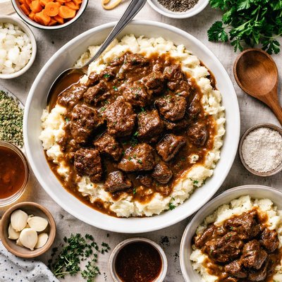 Image of Easy and Inexpensive Crock Pot Steak Tips Over Gravy