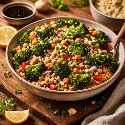 Image of Easy Balsamic Chickpea Brown Rice Broccoli Salad