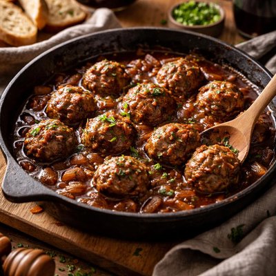 Image of Easy Braised Meatballs in Red Wine Gravy