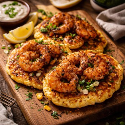 Image of Easy Cajun Shrimp with Corn Flapjacks