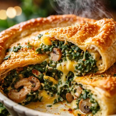 Image of Easy Cheddar Spinach and Mushroom Pie with Puff Pastry Crust