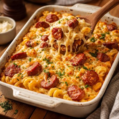 Image of Easy Cheesy Kielbasa Noodle Casserole