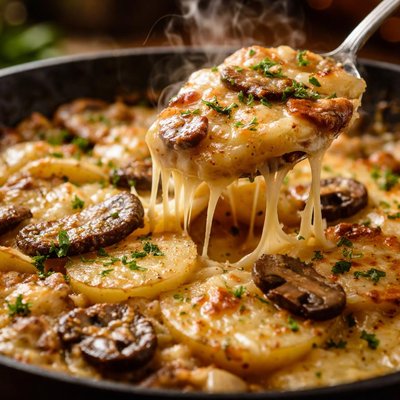 Image of Easy Cheesy Skillet Scalloped Potatoes with Mushrooms