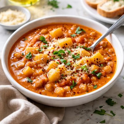 Image of Easy Cheesy Tomato Potato Chickpea Soup