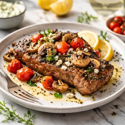 Image of Easy Greek Seasoned Steak with Mushrooms Tomatoes